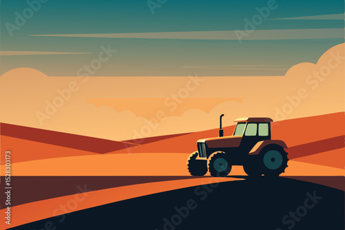 Vector tractor on road, rural landscape illustration, farm vehicle, countryside scene