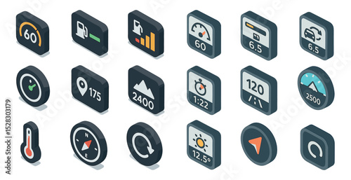 Isometric car dashboard icons for navigation and monitoring
