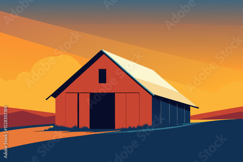 Vector barn illustration, rural landscape, orange sunset, farmhouse, countryside scene