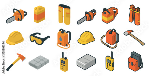Essential firefighter tools and safety equipment icons for emergency services