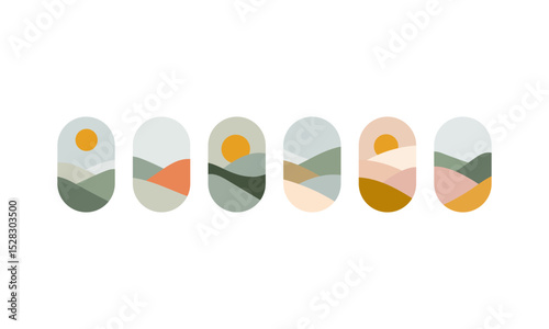 Rounded Abstract Landscape Set. Set of abstract minimalist landscapes in rounded frames using muted earthy tones and simple hills with sun.