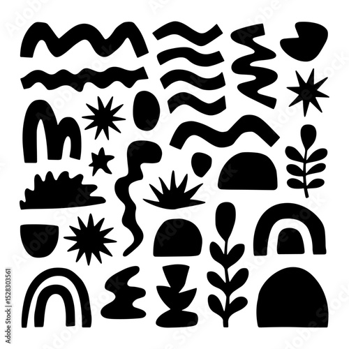 Organic Shape Pattern. Creative black design filled with abstract organic shapes, nature elements, and curved symbols in a playful grid.