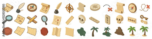 Treasure map adventure icons for exploration and discovery design projects