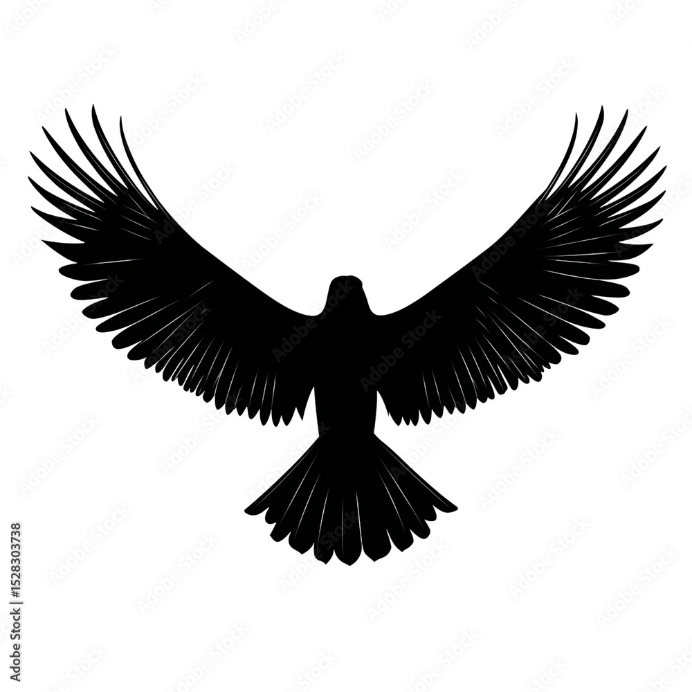 Obraz premium Silhouette of a soaring eagle with its wings fully spread, isolated on a white background, symbolizing freedom, power, and majesty in a bold and graceful representation of flight and nature