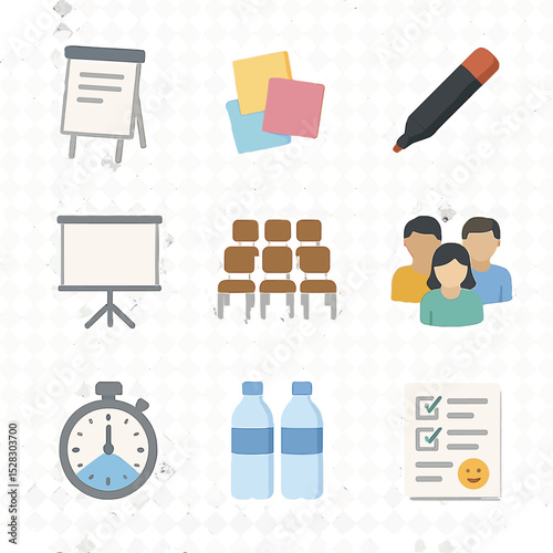Resilience Workshop Icons. Isometric Flat icon set of Resilience Workshop Environment: flip chart, sticky notes, marker pen,