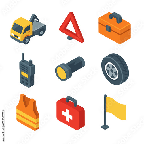 Roadside Assistance Icons. Isometric Flat icon set of Roadside Assistance Coordination: tow truck, hazard triangle, toolbox,