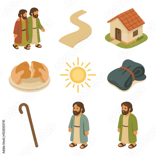 Road to Emmaus Icons. Isometric Flat icon set of Road to Emmaus episode: walking disciples, road path, inn cottage, breaking bread