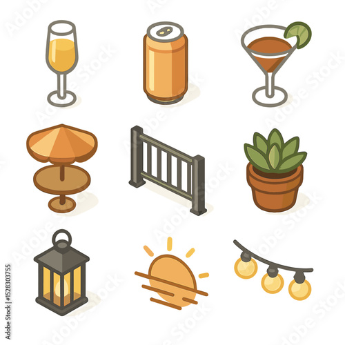 Rooftop Sunset Icons. Isometric Flat icon set of Rooftop sunset drinks: wine flute, beer can, cocktail glass, parasol table,