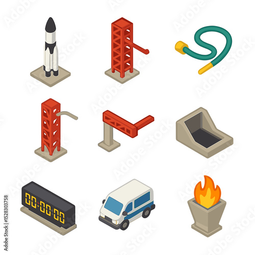 Rocket Launch Operations Icons. Isometric Flat icon set of Launch vehicle and pad operations: rocket launcher, gantry tower,