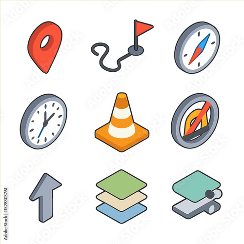 Route Planning Icons. Isometric Flat icon set of Route Planning and Optimization: GPS pin, route line, waypoint flag, compass,