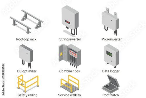 Rooftop System Icons. Isometric Flat icon set of commercial rooftop systems: rooftop rack, string inverter, microinverter, DC