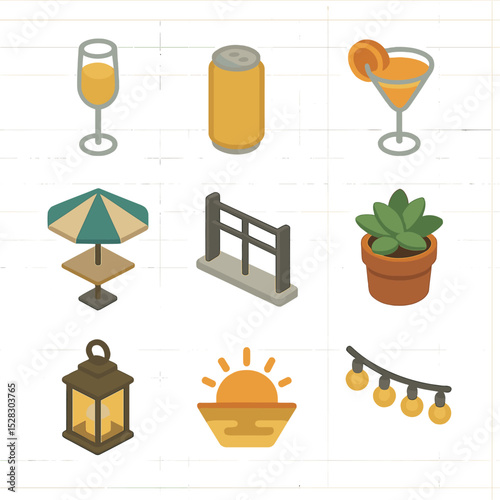 Rooftop Sunset Icons. Isometric Flat icon set of Rooftop sunset drinks: wine flute, beer can, cocktail glass, parasol table,