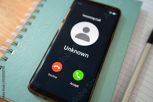 Unknown incoming call on smartphone. Concept of call from an unknown number or person.