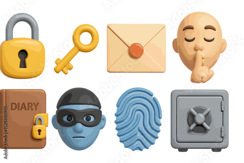 Secret Keeper Icons. 3D icon set of keeping each other’s secrets: padlock, key, sealed envelope, hush finger, diary, masked face,