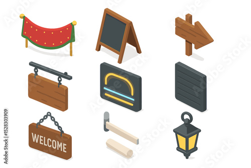 Seasonal Signage Icons. Isometric Flat icon set of seasonal signage and banners: Merry Christmas banner, chalkboard sign, wooden