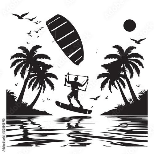 Kiteboarding silhouette tropical beach scene