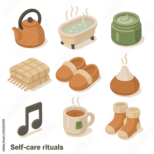 Self-Care Ritual Icons. Isometric Flat icon set of self-care rituals: tea kettle, warm bath, face mask jar, cozy blanket, slippers
