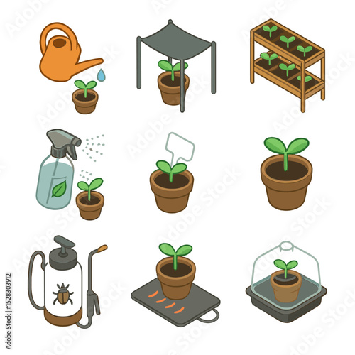 Seedling Care Icons. Isometric Flat icon set of seedling care: watering can, shade cloth, hardening off rack, fertilizing spray,