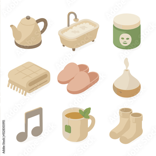 Self-Care Ritual Icons. Isometric Flat icon set of self-care rituals: tea kettle, warm bath, face mask jar, cozy blanket, slippers