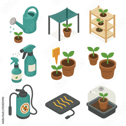 Seedling Care Icons. Isometric Flat icon set of seedling care: watering can, shade cloth, hardening off rack, fertilizing spray,