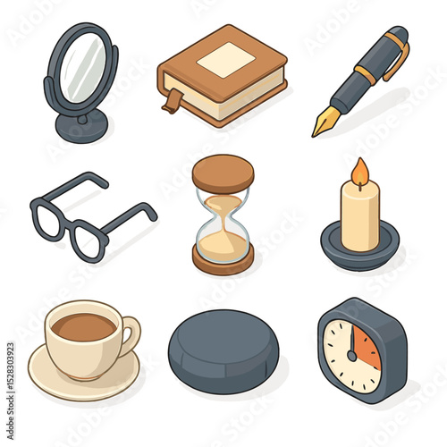 Self-Reflection Tools Grid. Isometric Flat icon set of self-reflection tools: mirror, journal notebook, fountain pen, reading