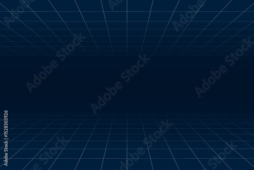 Infinity dark blue 3D white grid horizontal tunnel background with gradient fade and depth effect. Ideal for backgrounds, tech designs, templates, presentations, and modern digital content.