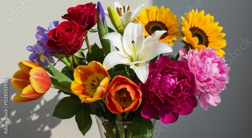 Wallpaper Mural Vibrant Spring Bouquet in Vase - A stunning arrangement of tulips, roses, lilies, sunflowers, and peonies. Symbolizing love, joy, beauty, new beginnings, and prosperity Torontodigital.ca