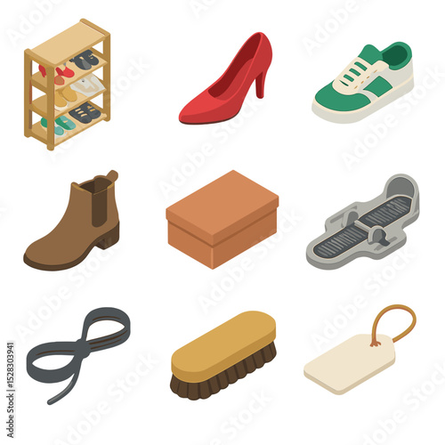 Shoe Store Icons. Isometric Flat icon set of Shoe paradise corner: shoe rack, high heel, sneaker, ankle boot, shoe box, foot