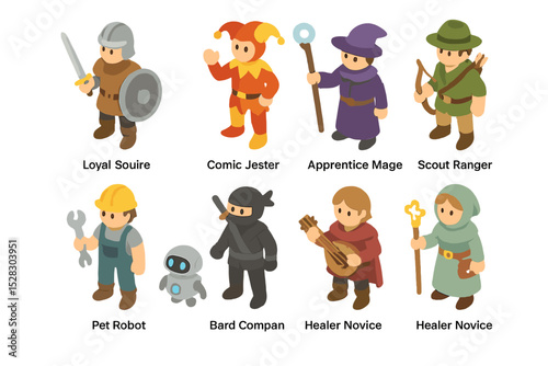 Sidekick Icon Set. Isometric Flat icon set of sidekick characters: loyal squire, comic jester, apprentice mage, mechanic buddy,