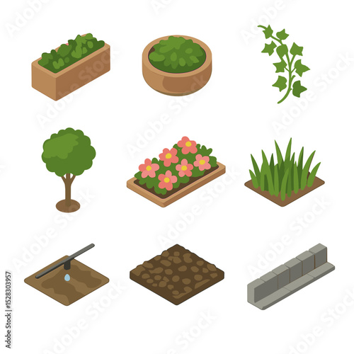 Sidewalk Greenery Icons. Isometric Flat icon set of Sidewalk greenery and planters: rectangular planter, round planter, ivy vine,