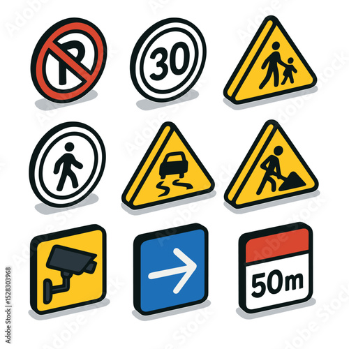 Sidewalk Safety Icon Set. Isometric Flat icon set of Sidewalk safety signage: no parking sign, speed limit sign, school zone sign,