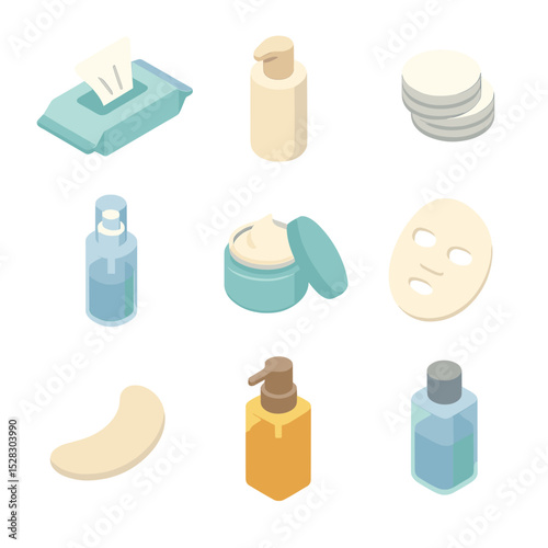 Skincare Routine Icons. Isometric Flat icon set of Facial tissue skincare routines: cleansing wipe, lotion bottle, cotton pads,