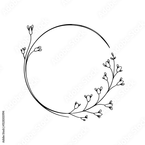 Minimal Floral Circle Frame with Fine Line Flowers. A graceful circular frame with simple fine line flowers and elegant negative space. Perfect for branding or minimalist wedding invites.