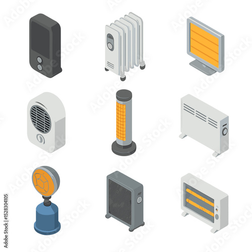 Space Heater Icon Set. Isometric Flat icon set of space heater types: ceramic heater, oil-filled radiator, infrared panel,