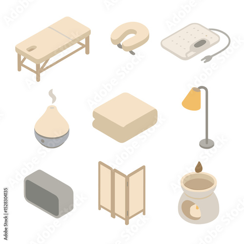 Spa Treatment Icons. Isometric Flat icon set of treatment environment items: massage table, face cradle, heated blanket,