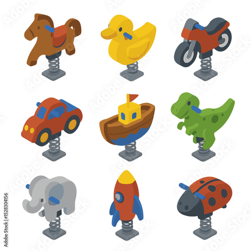Spring Rider Icon Set. Isometric Flat icon set of Spring Rider Animal Designs: horse rider, duck rocker, motorcycle shape, car