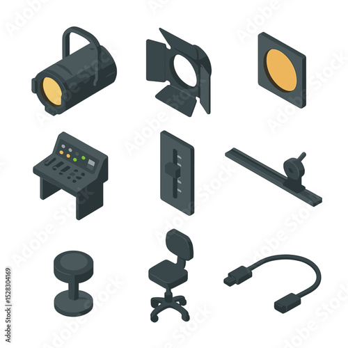 Spotlight Gear Icons. Isometric Flat icon set of Spotlight and Followspot Gear: spotlight housing, barn doors, gel holder, photo