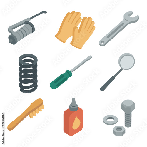 Spring Rider Tool Icons. Isometric Flat icon set of Spring Rider Maintenance Tools: grease gun, protective gloves, spanner wrench,