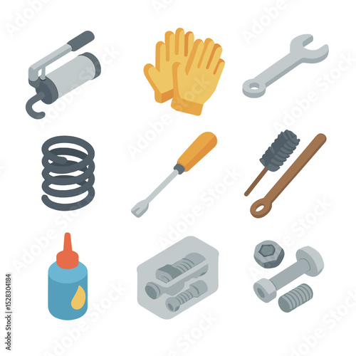 Spring Rider Tool Icons. Isometric Flat icon set of Spring Rider Maintenance Tools: grease gun, protective gloves, spanner wrench,