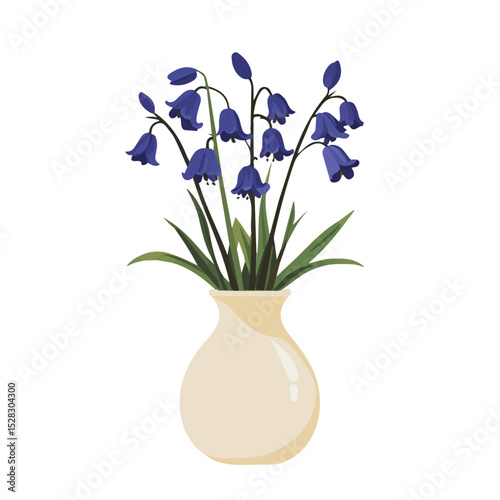 A Bluebell In A Vase vector 2D flat illustration, isolated on a white background.