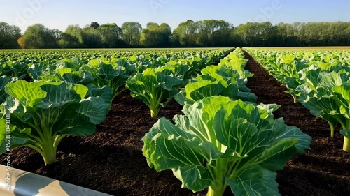 Rows of thriving collard greens flourish under a drip irrigation system, providing efficient watering and promoting healthy growth in the vibrant agricultural field