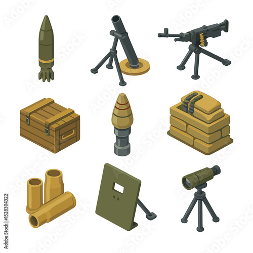 Support Weapons Icons. Isometric Flat icon set of Support weapons: artillery shell, mortar tube, machine gun tripod, ammunition