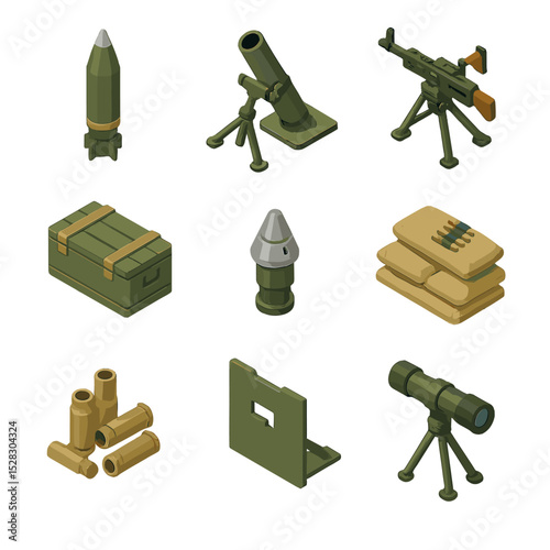 Support Weapons Icons. Isometric Flat icon set of Support weapons: artillery shell, mortar tube, machine gun tripod, ammunition