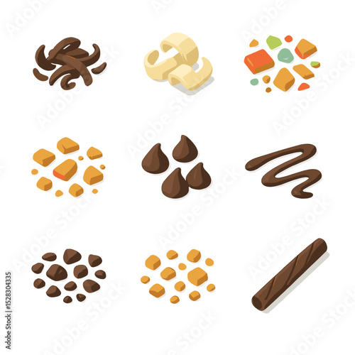 Sweet Garnish Icons. Isometric Flat icon set of Chocolate and sweet garnishes: chocolate shavings, white chocolate curls, candy