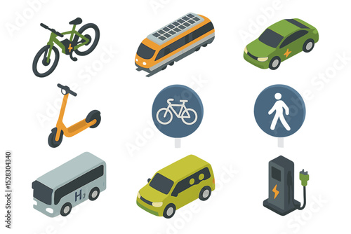Sustainable Transport Icons. Isometric Flat icon set of sustainable transport modes: electric bike, solar train, electric car,