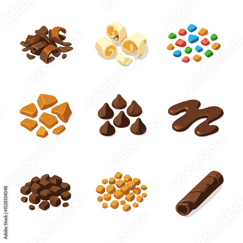 Sweet Garnish Icons. Isometric Flat icon set of Chocolate and sweet garnishes: chocolate shavings, white chocolate curls, candy