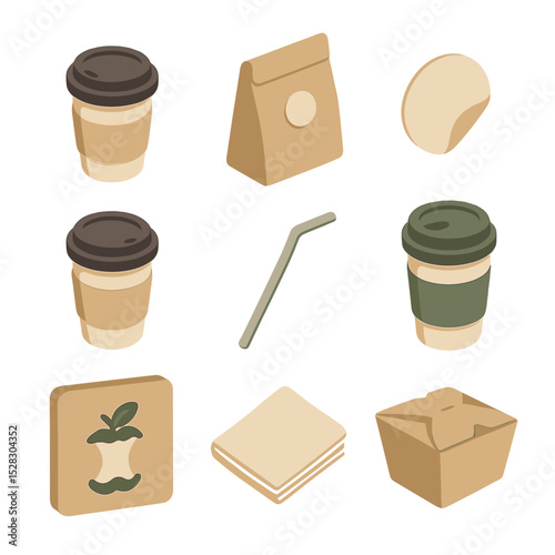 Takeaway Packaging Icons. Isometric Flat icon set of Takeaway and Packaging: paper cup with lid, cup sleeve, paper bag, sticker