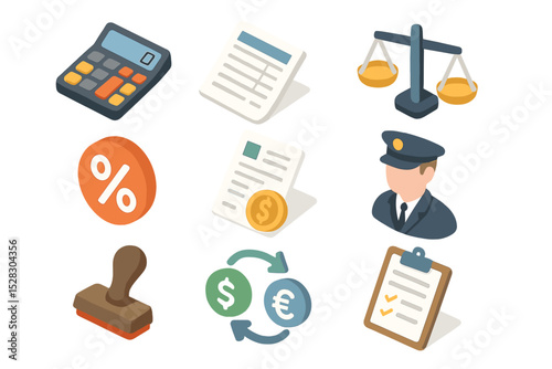 Tariff Calculations Icons. Isometric Flat icon set of Tariff and Duty Calculations: tax calculator, tariff schedule, scales,