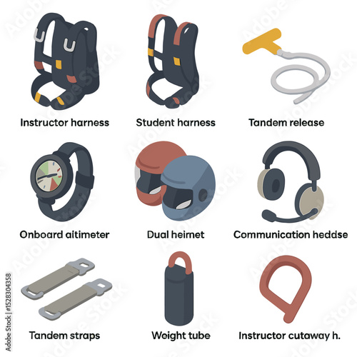 Tandem Skydiving Gear Icons. Isometric Flat icon set of Tandem Jump Components: instructor harness, student harness, tandem