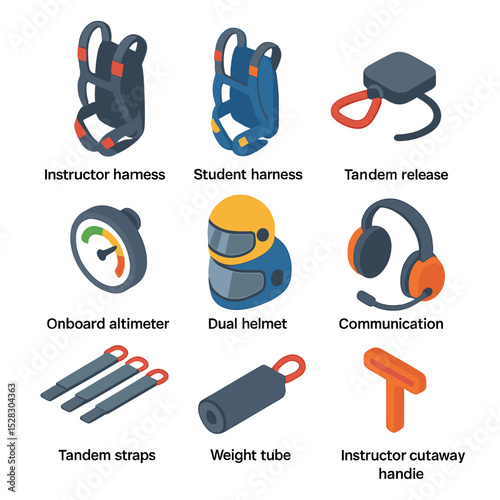 Tandem Skydiving Gear Icons. Isometric Flat icon set of Tandem Jump Components: instructor harness, student harness, tandem